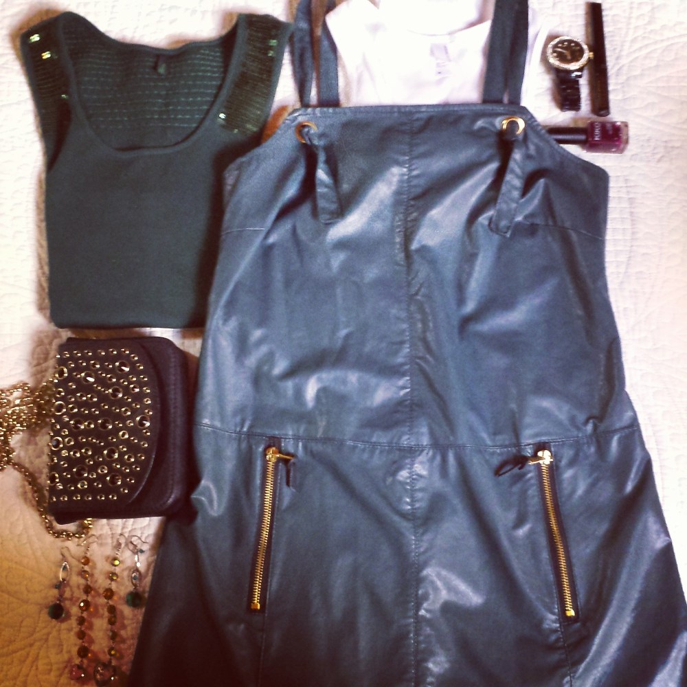 Pleather Dress by MissMiss, Under-shirt by Benetton, Chain Sparkle Purse by Juicy Couture, Flip Flop Sandals by Ipanema, Watch by Coccinelle, Earrings by Inessa