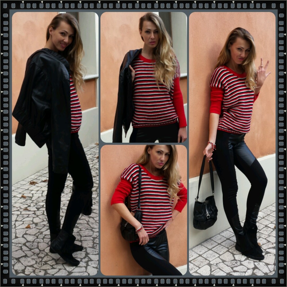 Black leather leggings and striped red sweater for fall fashion image