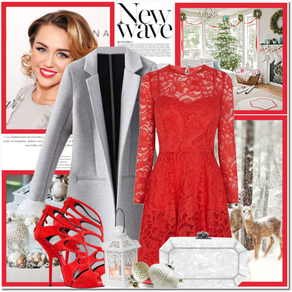 red christmas festive look lace dress and graty coat