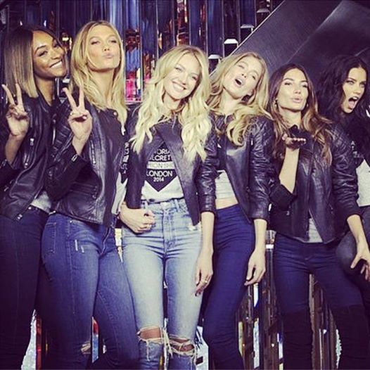 vs models karlie candice for bond street store in london in jeans and t-shirts