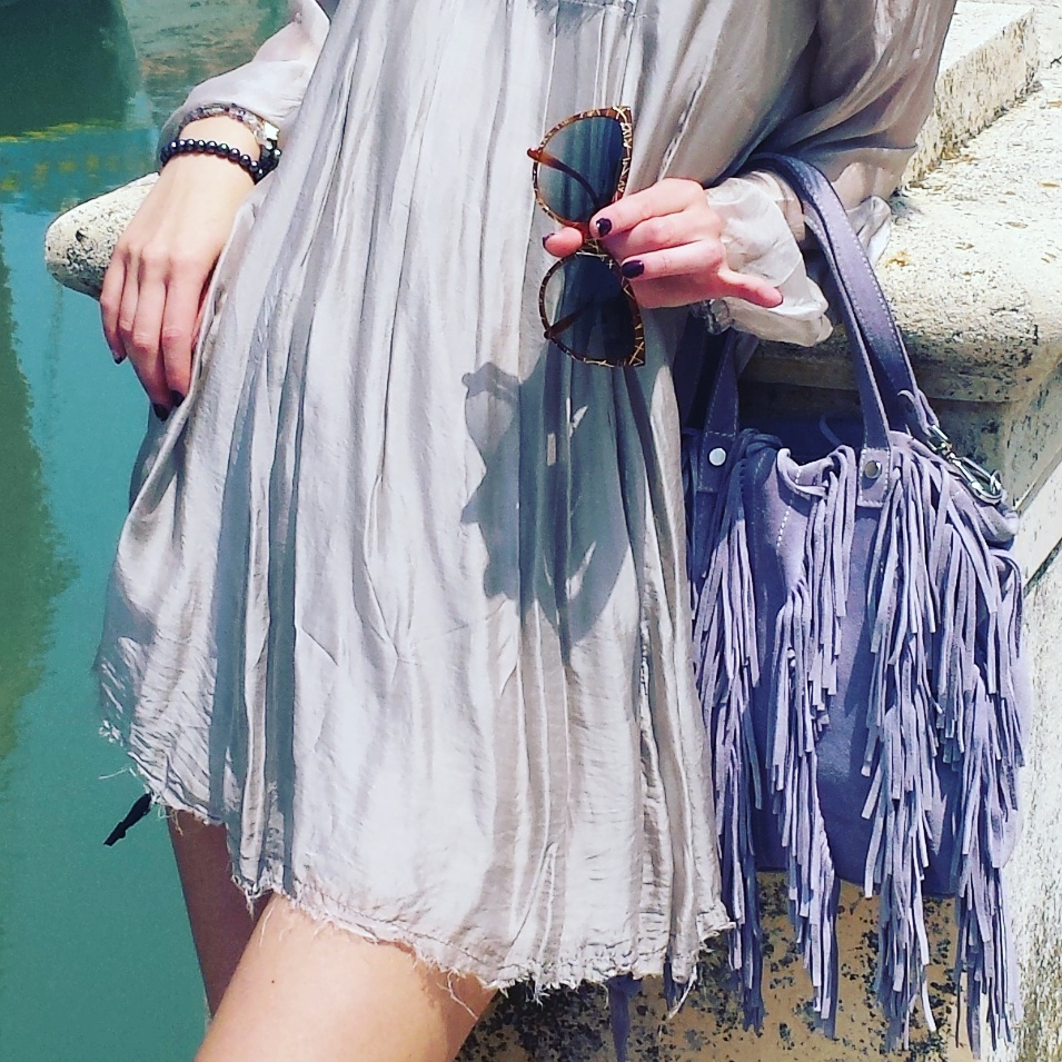 silk shirt dress sunnies fringed bag